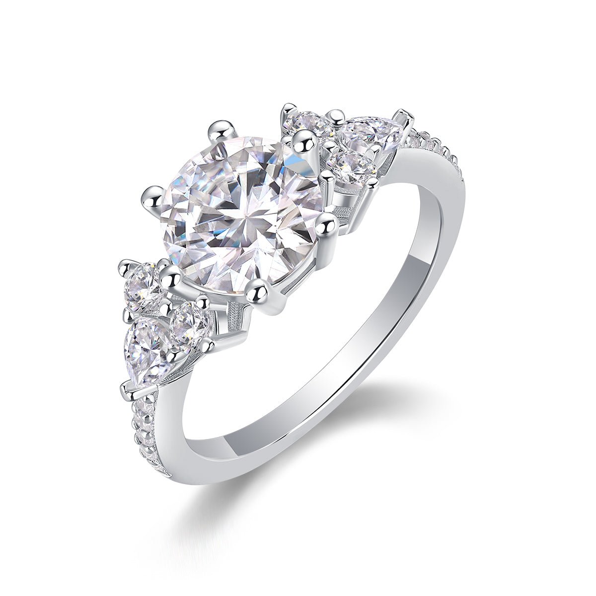 Cluster Moissanite Engagement Ring - Pear & Round Side Stones - LND Jewellery
