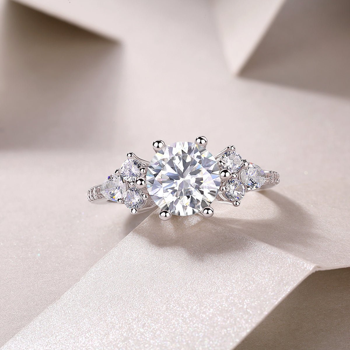Cluster Moissanite Engagement Ring - Pear & Round Side Stones - LND Jewellery