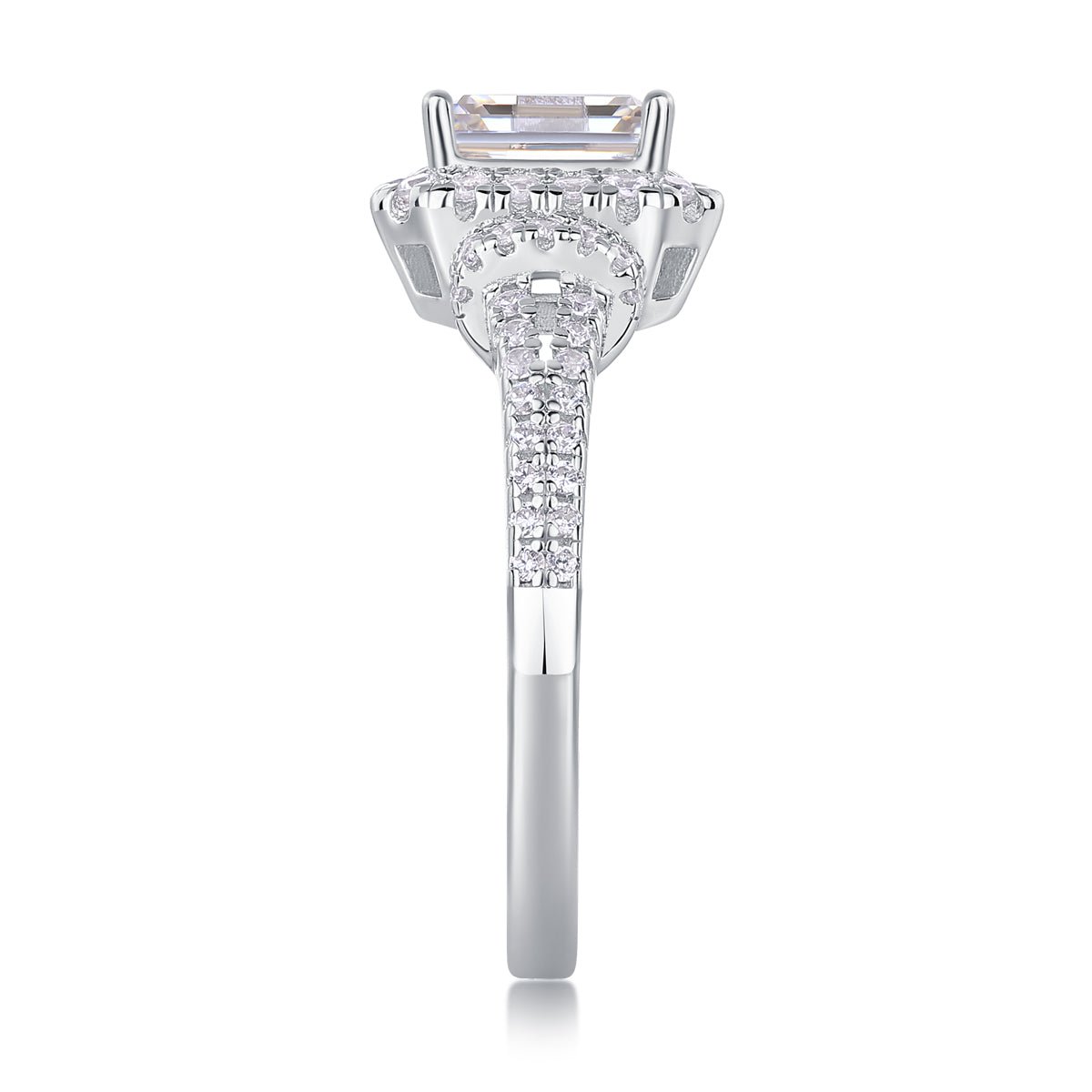 Sterling Silver Emerald Cut Moissanite Halo Ring - Split Shank Design - LND Jewellery