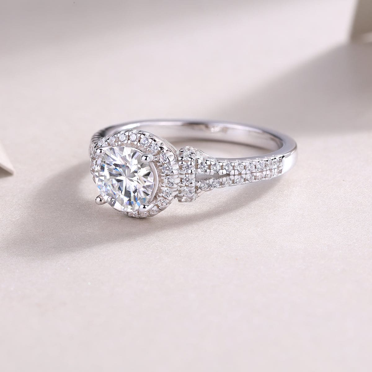 Sterling Silver Split Shank Halo Moissanite Ring - Double Row Pavé - LND Jewellery