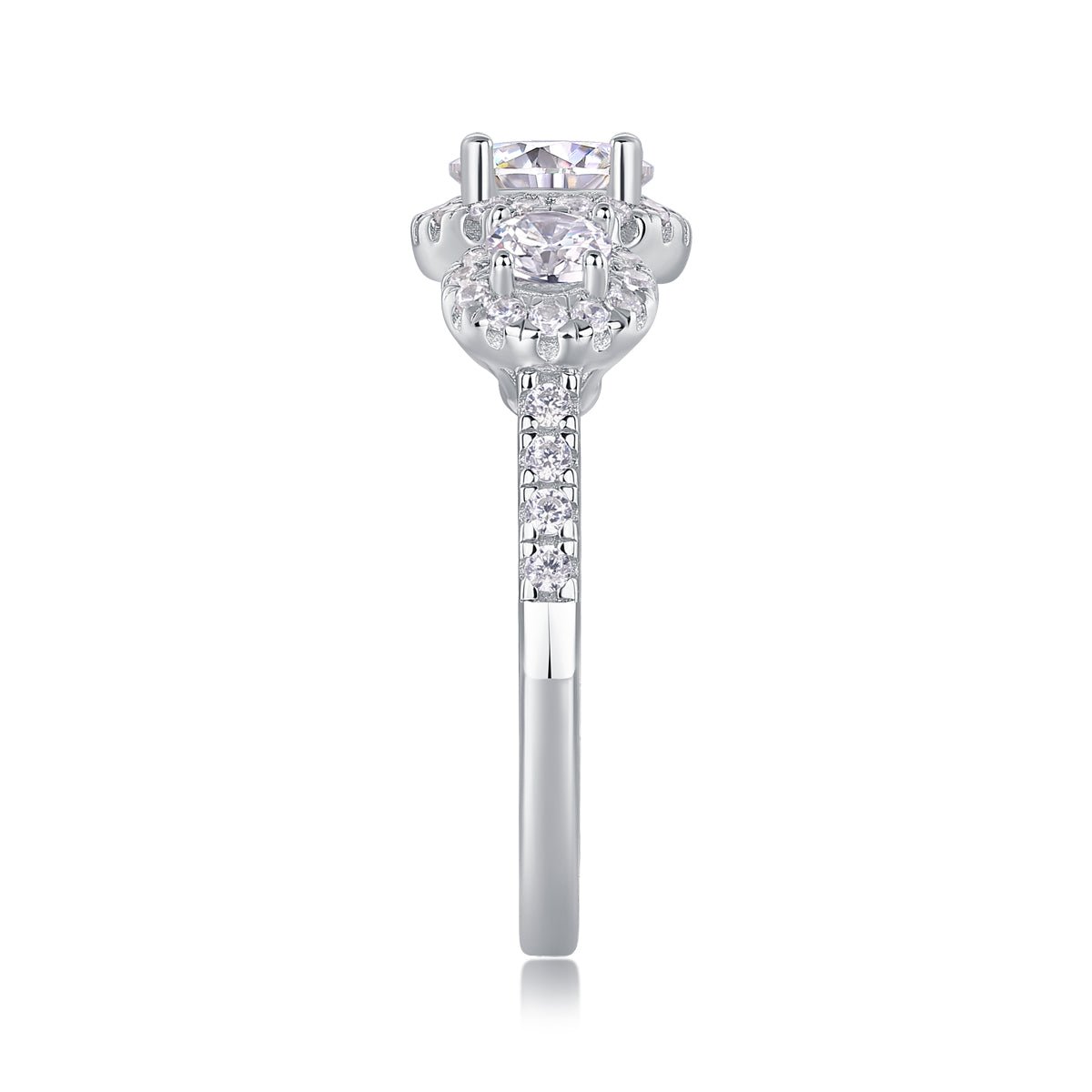 Three - Stone Halo Moissanite Engagement Ring - Sterling Silver & White Gold Plated - LND Jewellery