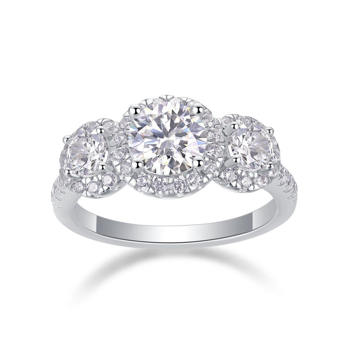 Three - Stone Halo Moissanite Engagement Ring - Sterling Silver & White Gold Plated - LND Jewellery