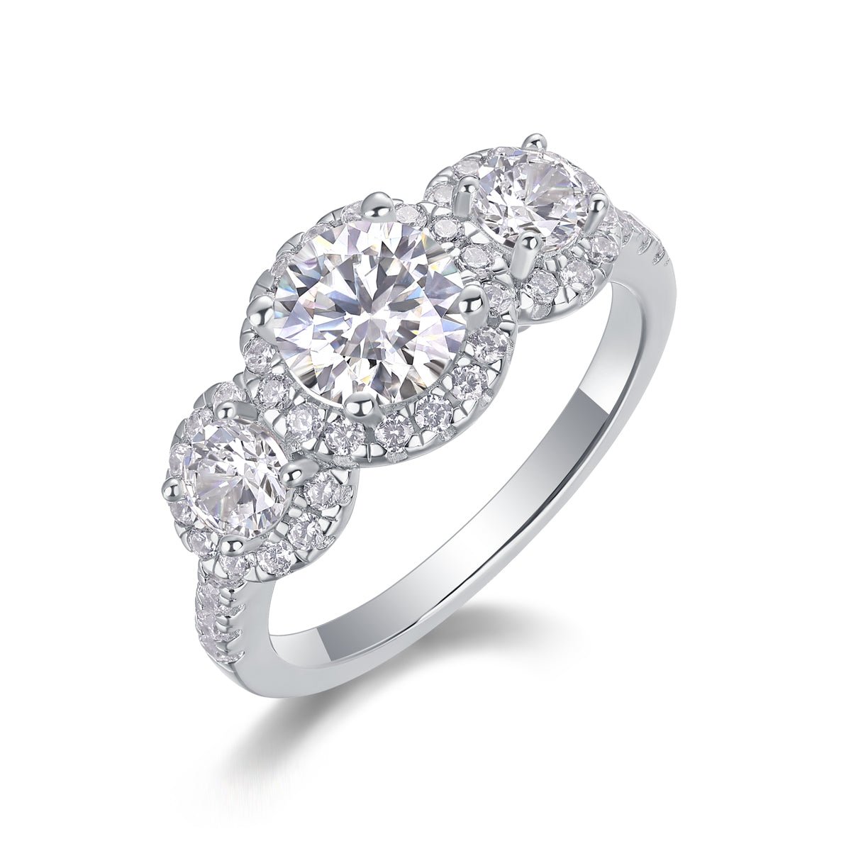 Three - Stone Halo Moissanite Engagement Ring - Sterling Silver & White Gold Plated - LND Jewellery