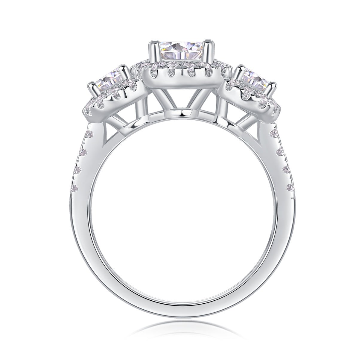 Three - Stone Halo Moissanite Engagement Ring - Sterling Silver & White Gold Plated - LND Jewellery