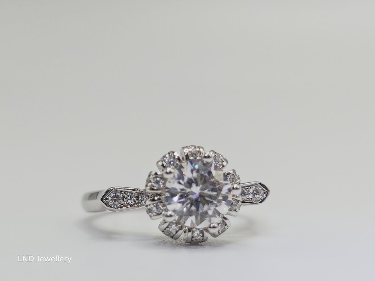925 Silver 1CT Moissanite Halo Ring Vintage Style Engagement Wedding Crown Design - LND Jewellery