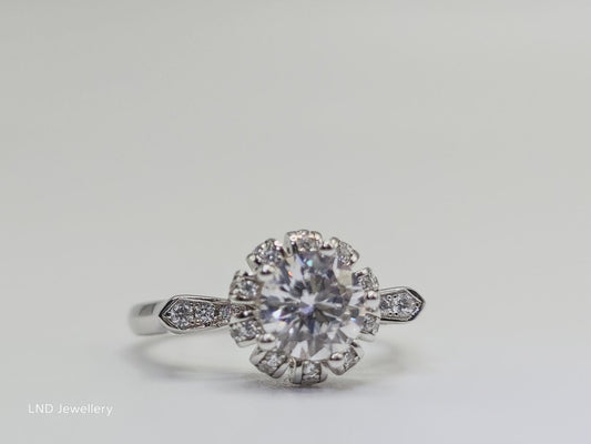 925 Silver 1CT Moissanite Halo Ring Vintage Style Engagement Wedding Crown Design - LND Jewellery