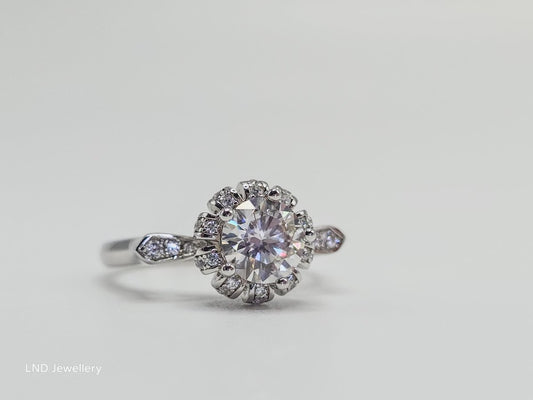 925 Silver 1CT Moissanite Halo Ring Vintage Style Engagement Wedding Crown Design - LND Jewellery