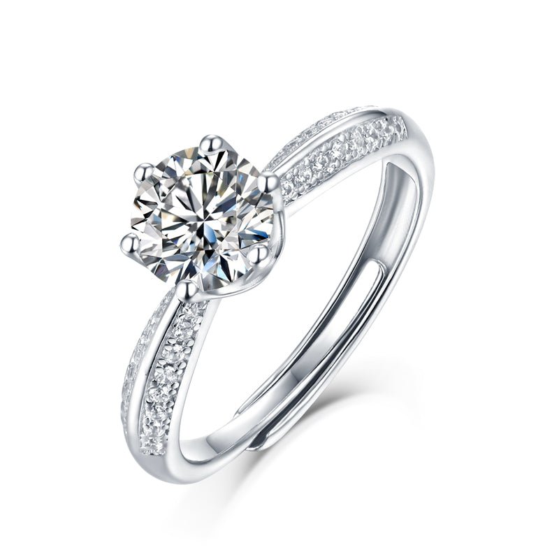 Classic Solitaire Moissanite Adjustable Ring - Pavé Band in Sterling Silver - LND Jewellery