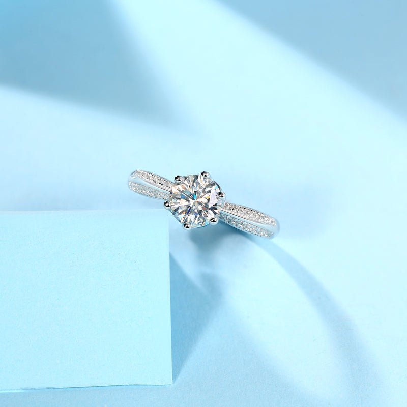 Classic Solitaire Moissanite Adjustable Ring - Pavé Band in Sterling Silver - LND Jewellery