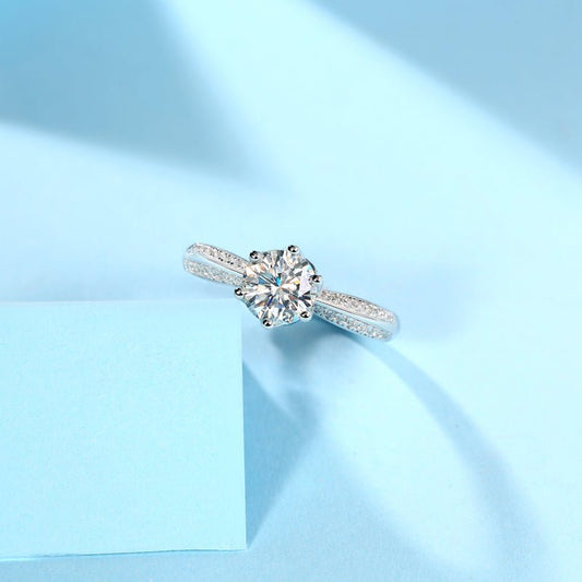 Classic Solitaire Moissanite Adjustable Ring - Pavé Band in Sterling Silver - LND Jewellery