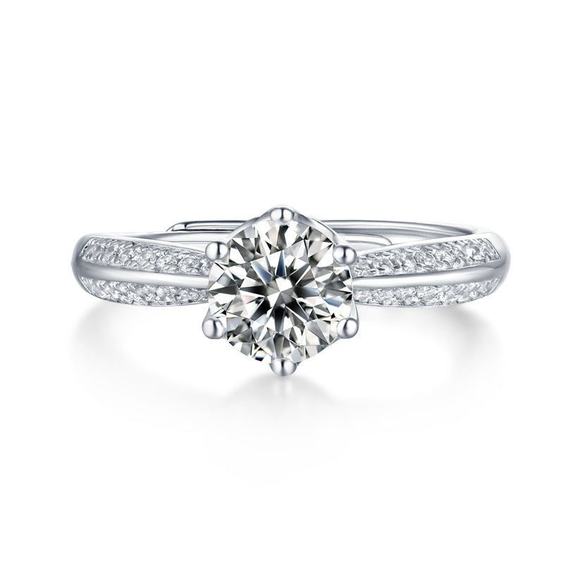 Classic Solitaire Moissanite Adjustable Ring - Pavé Band in Sterling Silver - LND Jewellery