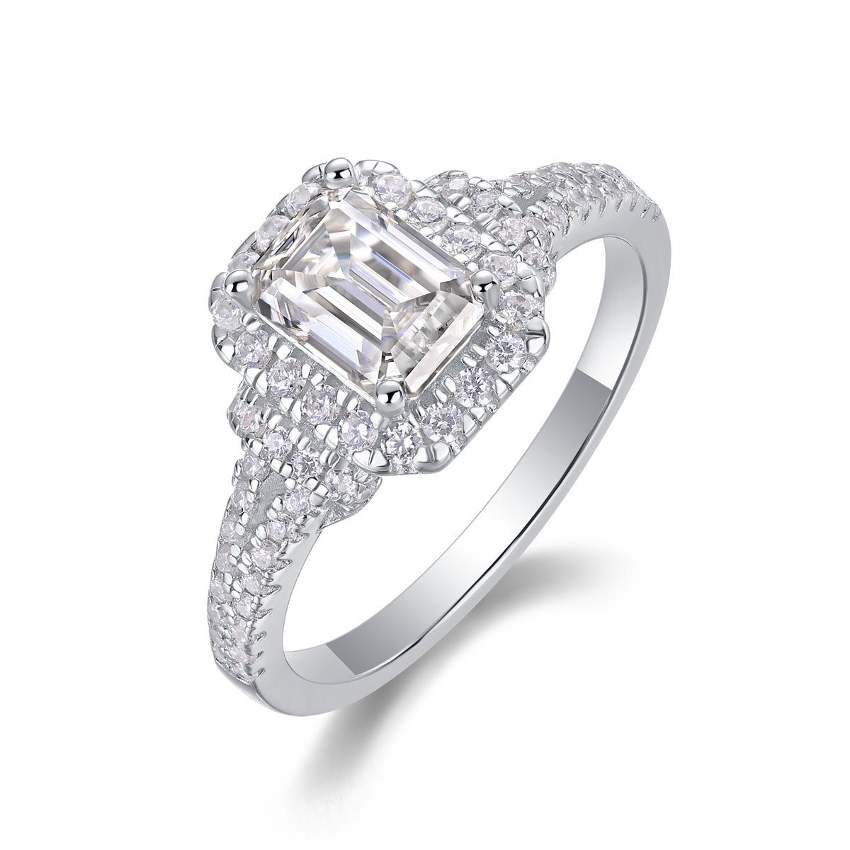 Sterling Silver Emerald Cut Moissanite Halo Ring - Split Shank Design - LND Jewellery