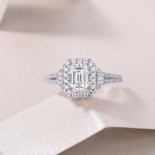 Sterling Silver Emerald Cut Moissanite Halo Ring - Split Shank Design - LND Jewellery