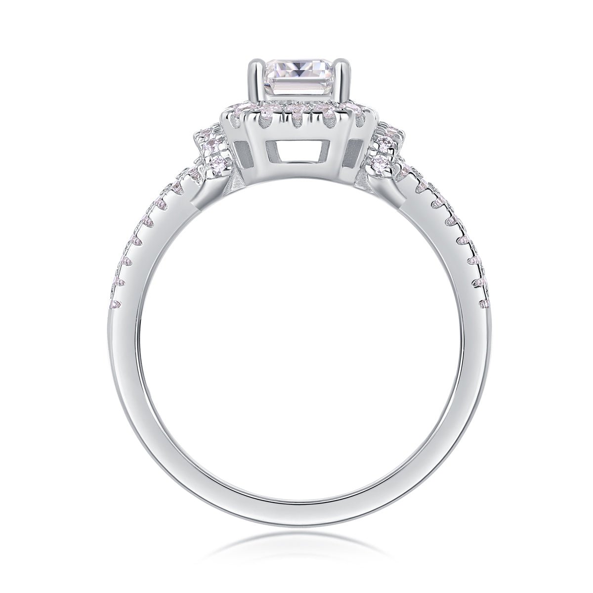 Sterling Silver Emerald Cut Moissanite Halo Ring - Split Shank Design - LND Jewellery