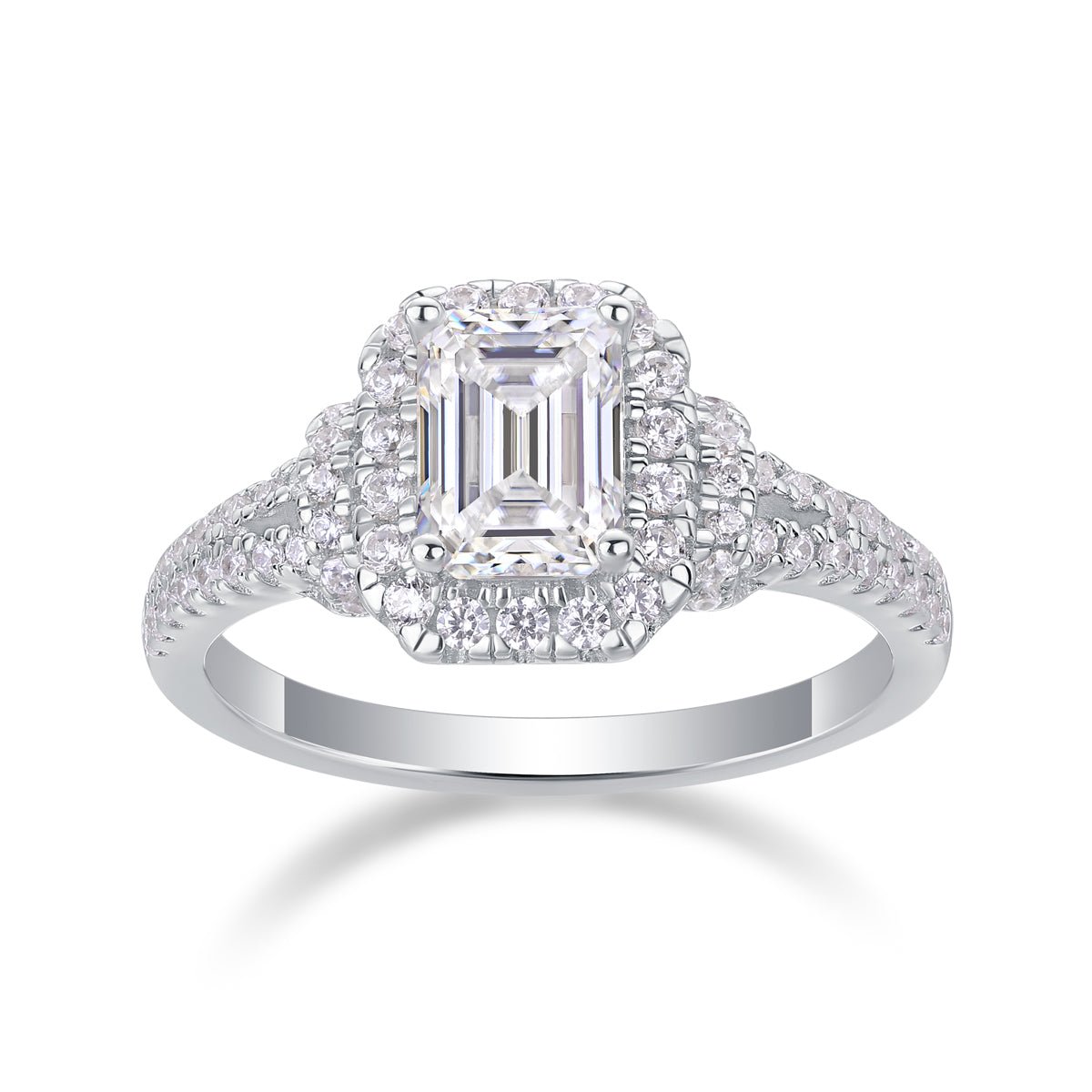 Sterling Silver Emerald Cut Moissanite Halo Ring - Split Shank Design - LND Jewellery