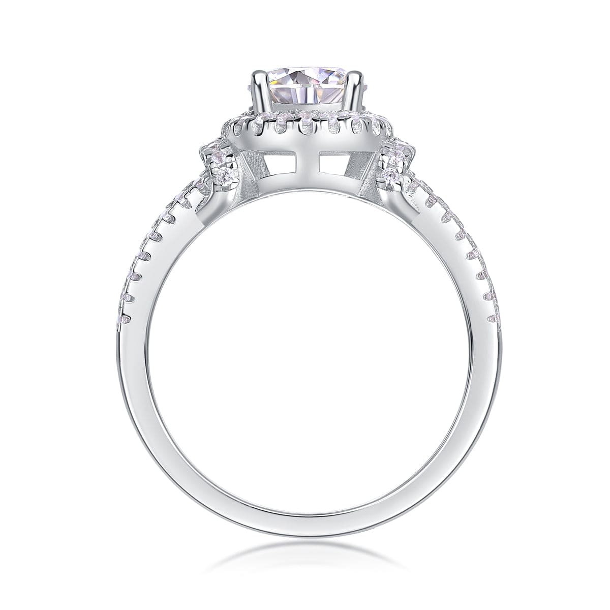 Sterling Silver Split Shank Halo Moissanite Ring - Double Row Pavé - LND Jewellery