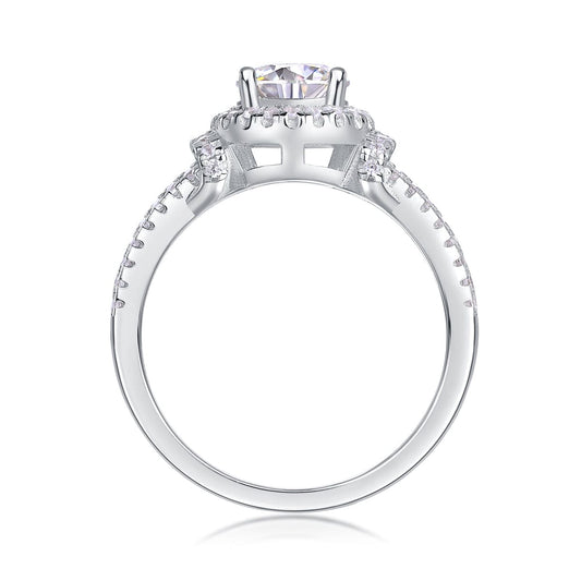 Sterling Silver Split Shank Halo Moissanite Ring - Double Row Pavé - LND Jewellery