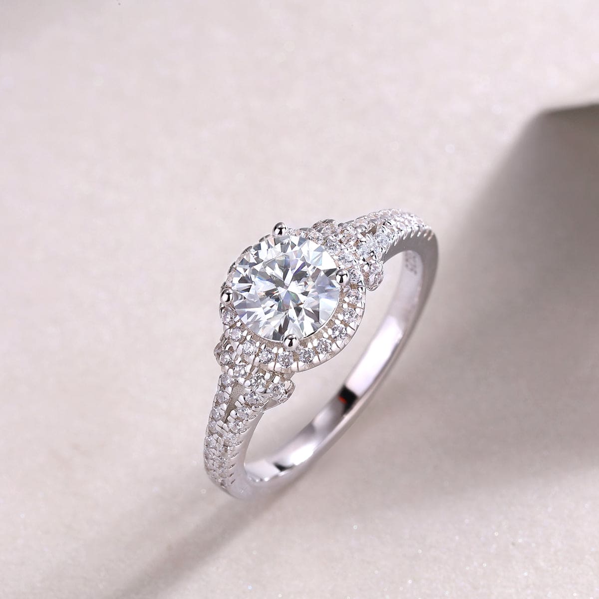 Sterling Silver Split Shank Halo Moissanite Ring - Double Row Pavé - LND Jewellery