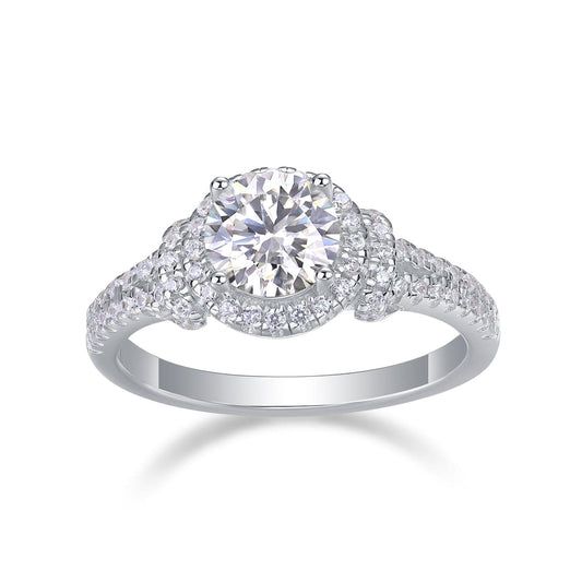 Sterling Silver Split Shank Halo Moissanite Ring - Double Row Pavé - LND Jewellery