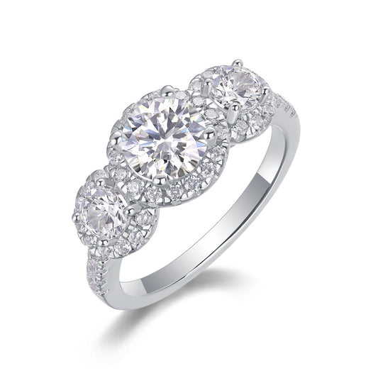 Three - Stone Halo Moissanite Engagement Ring - Sterling Silver & White Gold Plated - LND Jewellery