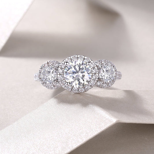 Three - Stone Halo Moissanite Engagement Ring - Sterling Silver & White Gold Plated - LND Jewellery